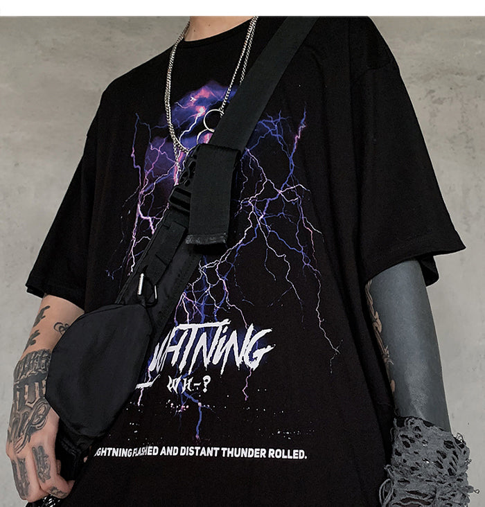 Lightning Print T Shirt Men Summer Casual Tshirt Tees Hip Hop Harajuku Loose Streetwear Short Sleeve Shirts-1